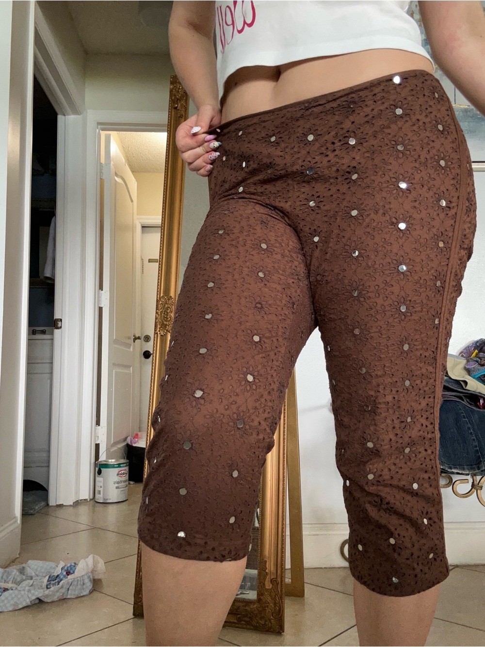 Victoria's Secret Brown Eyelet capris with Metallic Dots